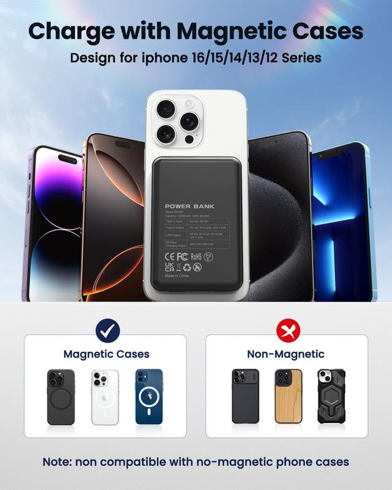 Crazywhale Power Bank Ultra Slim 12000Mah Magsafe Portable Charger 3-In-1 Magnetic Battery Pack PD 22.5W Card-Size Magnetic Battery Pack for Iphone 17 Pro Max /17 Air/16/15/14/13/12 Ipad Android Gadgets