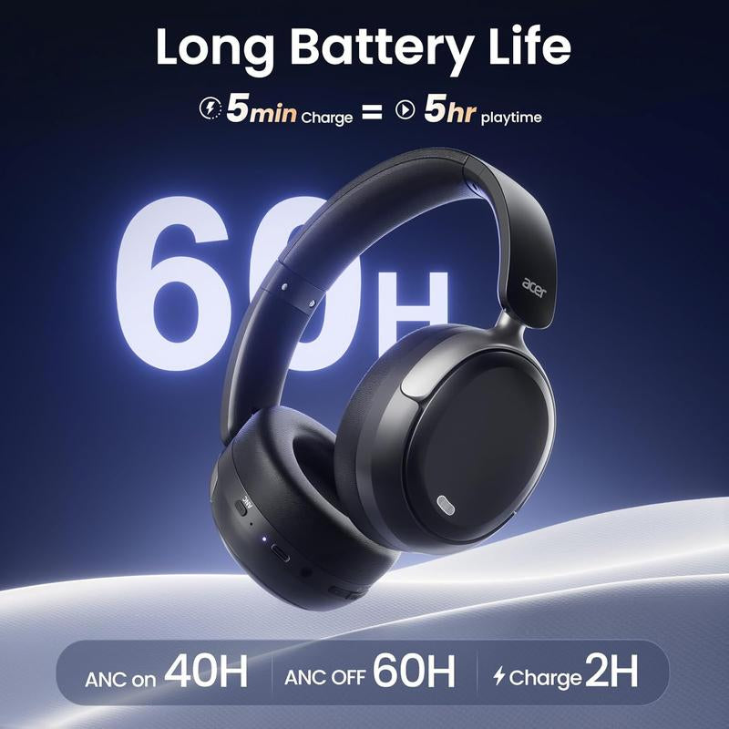 [Christmas Gifts] Acer OHR516 Active Noise Cancelling Headphones Over-Ear Bluetooth 5.4 Wireless 60H Playtime Low Latency Game Mode USB-C Charging for Work Travel Gym Office Home