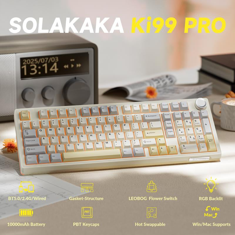 SOLAKAKA KI99 Pro 96% Wireless Mechanical Gaming Keyboard RGB Backlit Tri-Mode Hot-Swappable Gasket Structure Creamy Beige White for PC Laptop Fallfreshness
