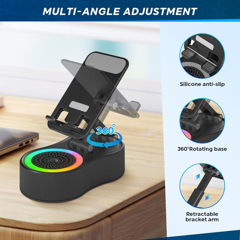 Cell Phone Stand with Wireless Bluetooth Speaker and Anti-Slip Base HD Surround Sound, Adjustable Foldable Holder, Perfect for Home and Outdoors with Bluetooth Speaker for Desk Compatible with Iphone/Ipad/Samsung Galaxy, Birthday Gift & Gifts for Man