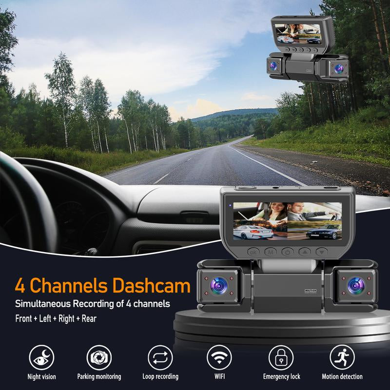 BCUOZ 4-Channel Dash Cam with Enhanced Night Vision Stable Wifi High-Durability Shell 3" IPS Screen 1080P Car DVR 32GB Sd Card GPS Parking Mode Loop Recording