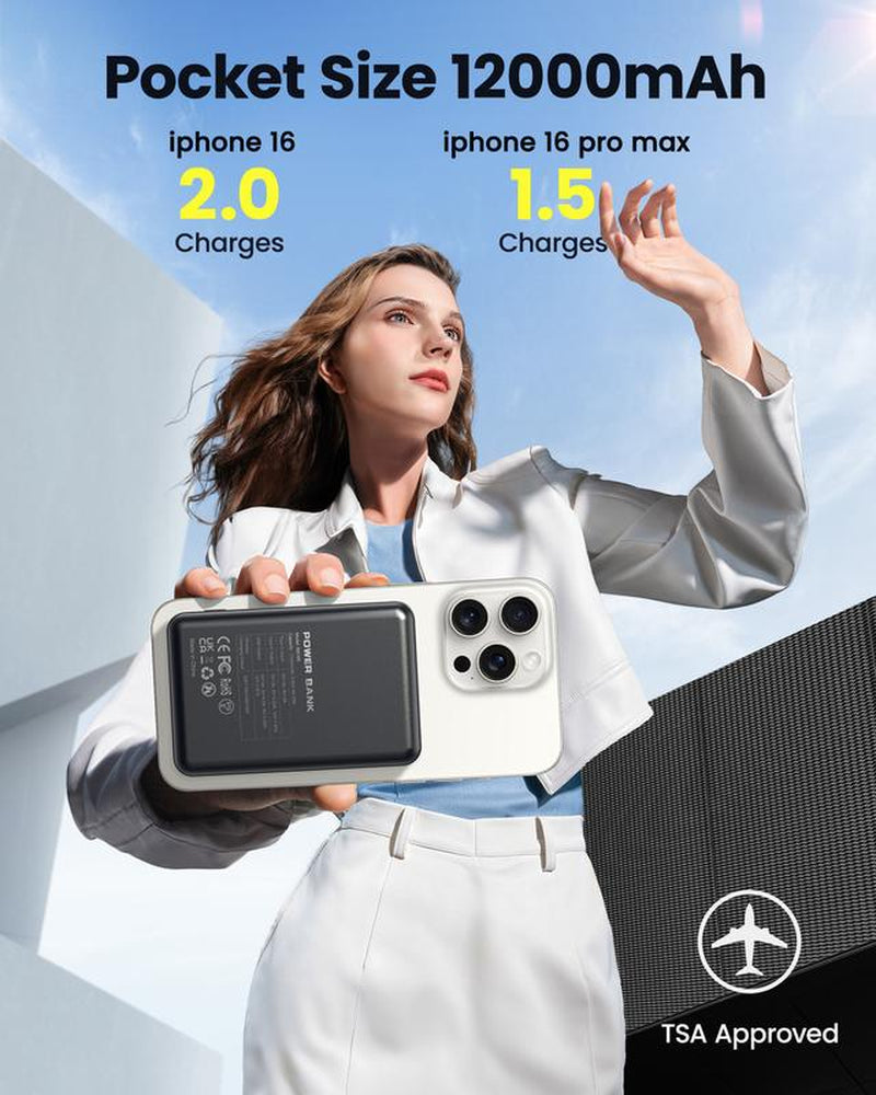Crazywhale Power Bank Ultra Slim 12000Mah Magsafe Portable Charger 3-In-1 Magnetic Battery Pack PD 22.5W Card-Size Magnetic Battery Pack for Iphone 17 Pro Max /17 Air/16/15/14/13/12 Ipad Android Gadgets