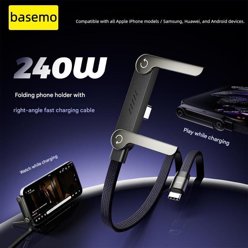Basemo Invisible Holder Charger Cable with Stand, 240W Super Fast Charging 2-In-1 Fast Charging Cord & Phone Stand for Gaming, Office, Car Travel, Compatible with Iphone Samsung Type-C Charging Cable Black