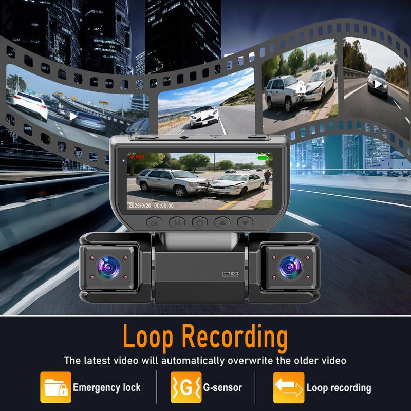 BCUOZ 4-Channel Dash Cam with Enhanced Night Vision Stable Wifi High-Durability Shell 3" IPS Screen 1080P Car DVR 32GB Sd Card GPS Parking Mode Loop Recording