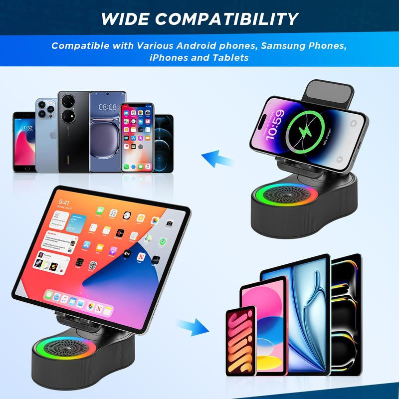 Cell Phone Stand with Wireless Bluetooth Speaker and Anti-Slip Base HD Surround Sound, Adjustable Foldable Holder, Perfect for Home and Outdoors with Bluetooth Speaker for Desk Compatible with Iphone/Ipad/Samsung Galaxy, Birthday Gift & Gifts for Man