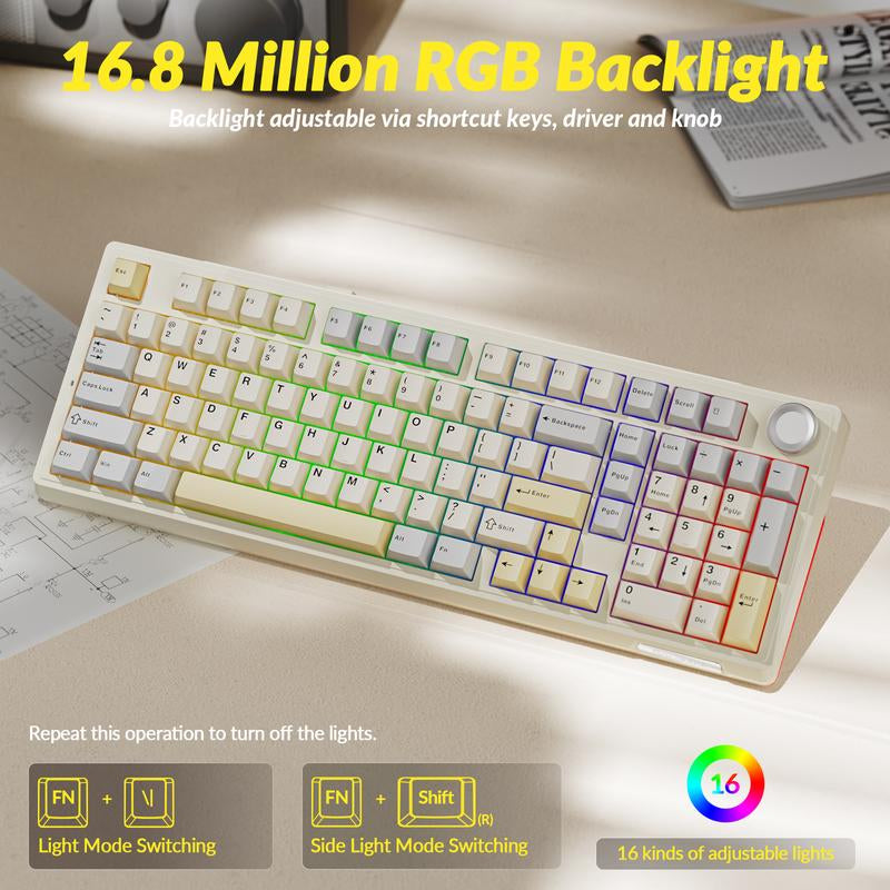 SOLAKAKA KI99 Pro 96% Wireless Mechanical Gaming Keyboard RGB Backlit Tri-Mode Hot-Swappable Gasket Structure Creamy Beige White for PC Laptop Fallfreshness