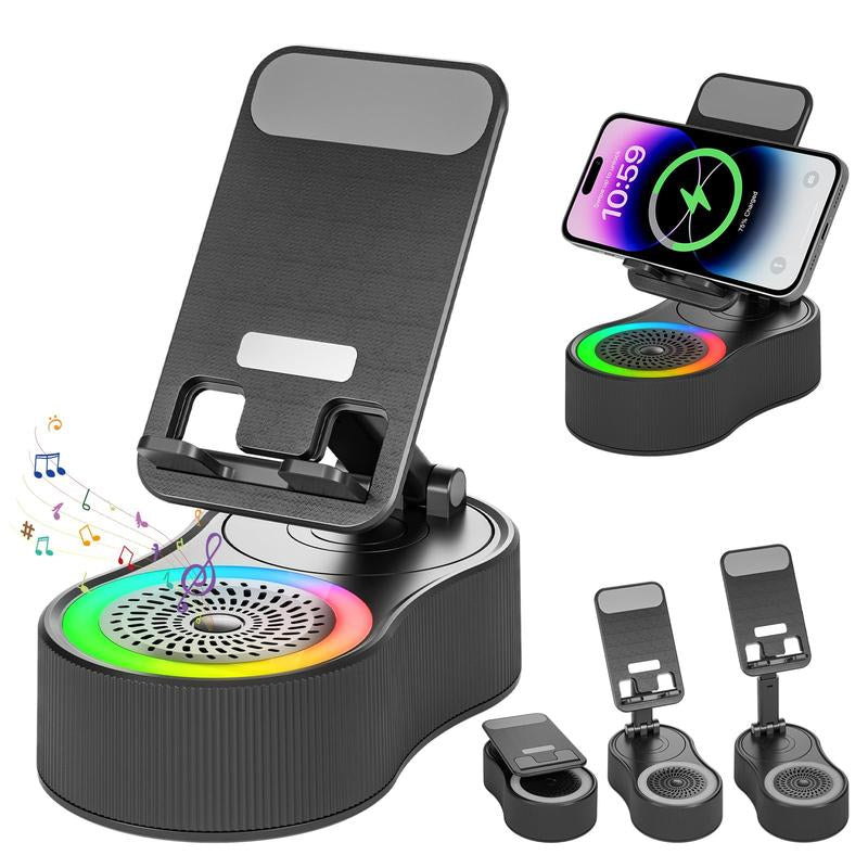 Cell Phone Stand with Wireless Bluetooth Speaker and Anti-Slip Base HD Surround Sound, Adjustable Foldable Holder, Perfect for Home and Outdoors with Bluetooth Speaker for Desk Compatible with Iphone/Ipad/Samsung Galaxy, Birthday Gift & Gifts for Man